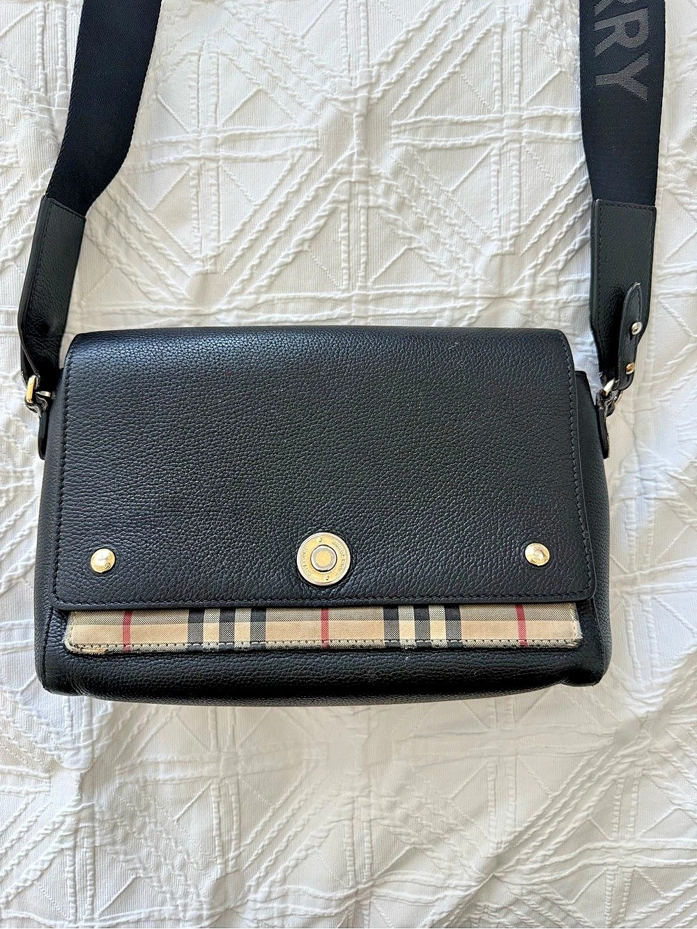 Burberry Note Crossbody Bag Plaid Trim Black & Beige